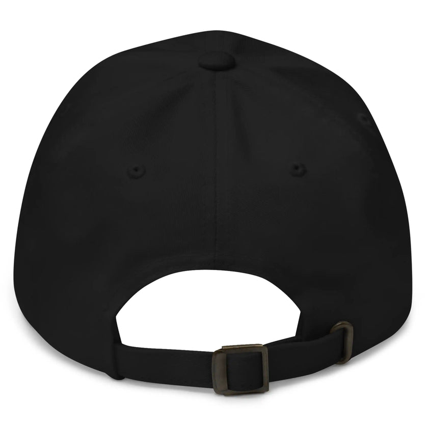 Black dad hat back view showing adjustable strap and clean blackout Buffalo inspired embroidered cap design.