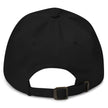 Black dad hat back view showing adjustable strap and clean blackout Buffalo inspired embroidered cap design.