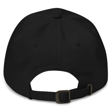 Black dad hat back view showing adjustable strap and clean blackout Buffalo inspired embroidered cap design.