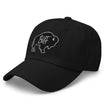 Black classic dad hat left front angle featuring embroidered blackout Buffalo silhouette with white BUF lettering design.