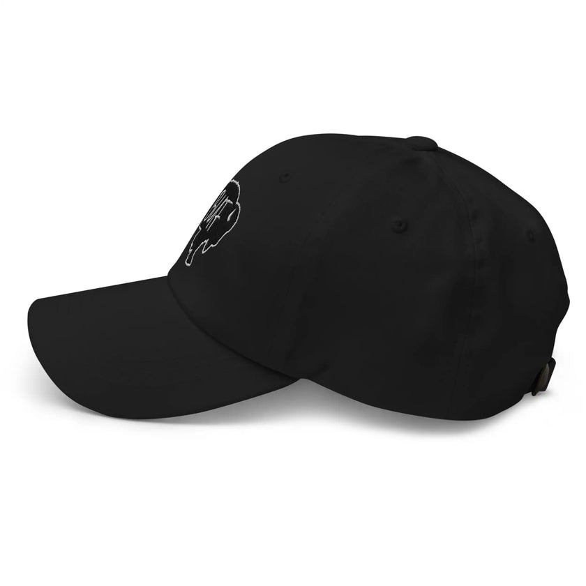 Black classic dad hat left side view featuring embroidered black Buffalo silhouette with white BUF lettering.