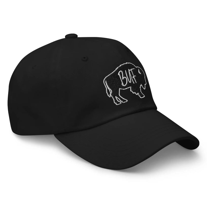 Black dad cap right front angle showing embroidered black Buffalo silhouette with white BUF lettering, Buffalo city inspired hat.