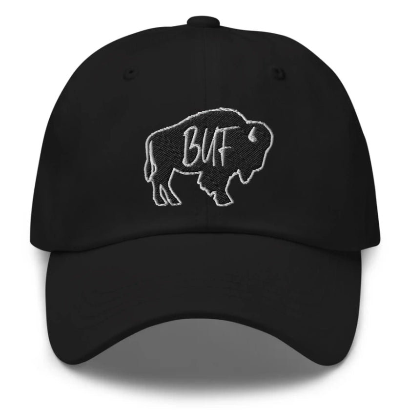 Black classic dad hat featuring embroidered black Buffalo silhouette with white BUF lettering, minimalist Buffalo city blackout hat design.