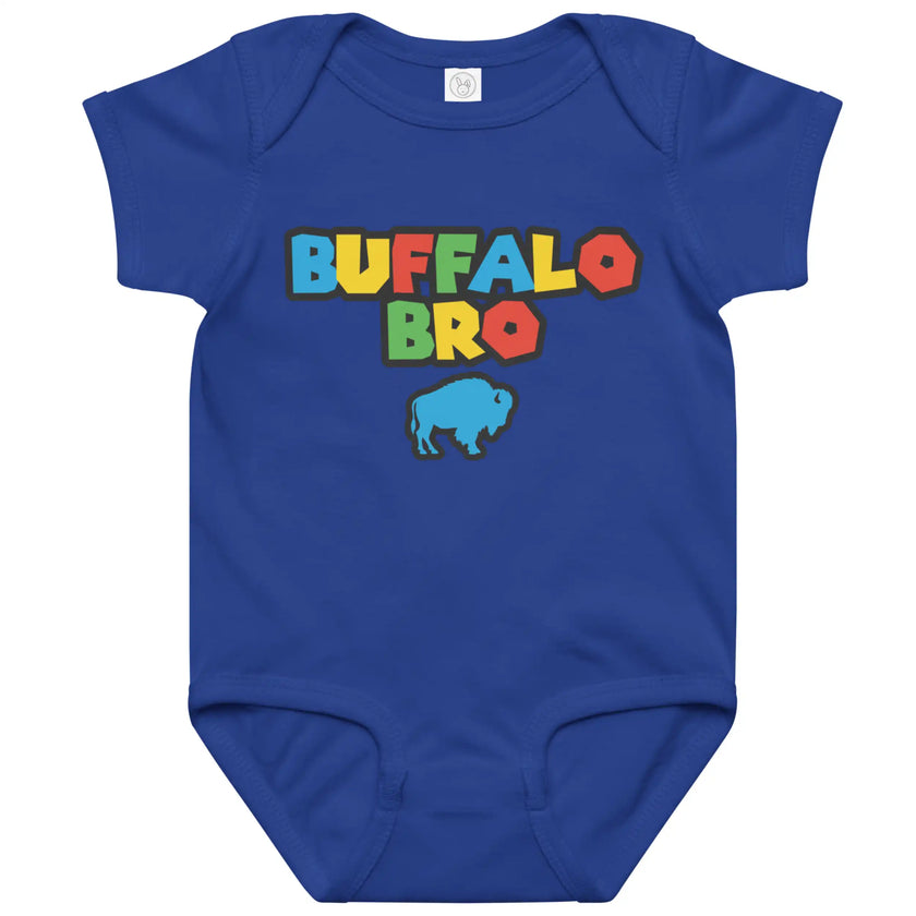 Blue Buffalo Bro baby bodysuit with colorful retro gaming style text and buffalo graphic, fun nostalgic baby outfit for Buffalo families.