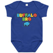 Blue Buffalo Bro baby bodysuit with colorful retro gaming style text and buffalo graphic, fun nostalgic baby outfit for Buffalo families.