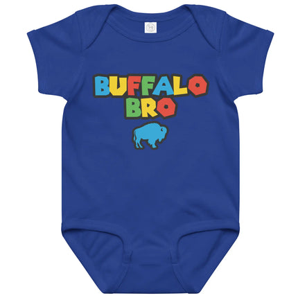 Blue Buffalo Bro baby bodysuit with colorful retro gaming style text and buffalo graphic, fun nostalgic baby outfit for Buffalo families.