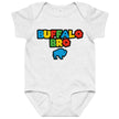 Grey Buffalo Bro baby bodysuit featuring vintage video game inspired typography and buffalo logo with thick outlined graphic style, Buffalo themed baby apparel.