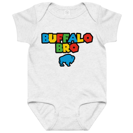 Grey Buffalo Bro baby bodysuit featuring vintage video game inspired typography and buffalo logo with thick outlined graphic style, Buffalo themed baby apparel.