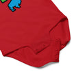 Close-up of red Buffalo Bro baby bodysuit snap closure detail for easy diaper changes and comfortable cotton baby clothing.