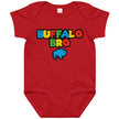 Red Buffalo Bro baby bodysuit featuring retro video game inspired lettering with buffalo logo graphic and bold outlined design, nostalgic Buffalo baby apparel.