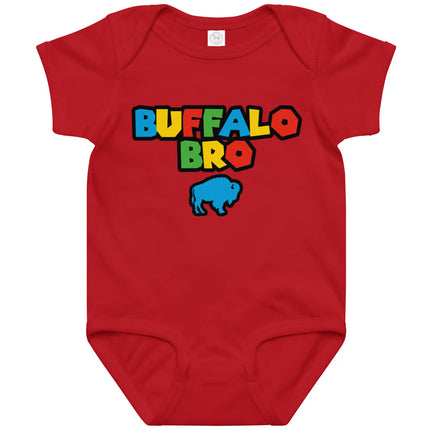 Red Buffalo Bro baby bodysuit featuring retro video game inspired lettering with buffalo logo graphic and bold outlined design, nostalgic Buffalo baby apparel.