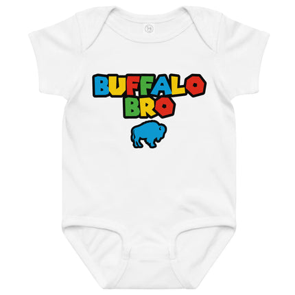 White Buffalo Bro baby bodysuit featuring retro arcade inspired Buffalo Bro lettering and buffalo logo graphic, nostalgic Buffalo baby outfit.