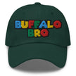 Green dad hat with Super Buffalo Bro retro video game style embroidery, 90s inspired Buffalo city streetwear hat.