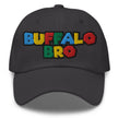 Grey classic dad hat featuring Super Buffalo Bro retro gaming inspired embroidery with nostalgic 90s color design.