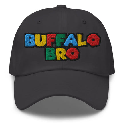Grey classic dad hat featuring Super Buffalo Bro retro gaming inspired embroidery with nostalgic 90s color design.
