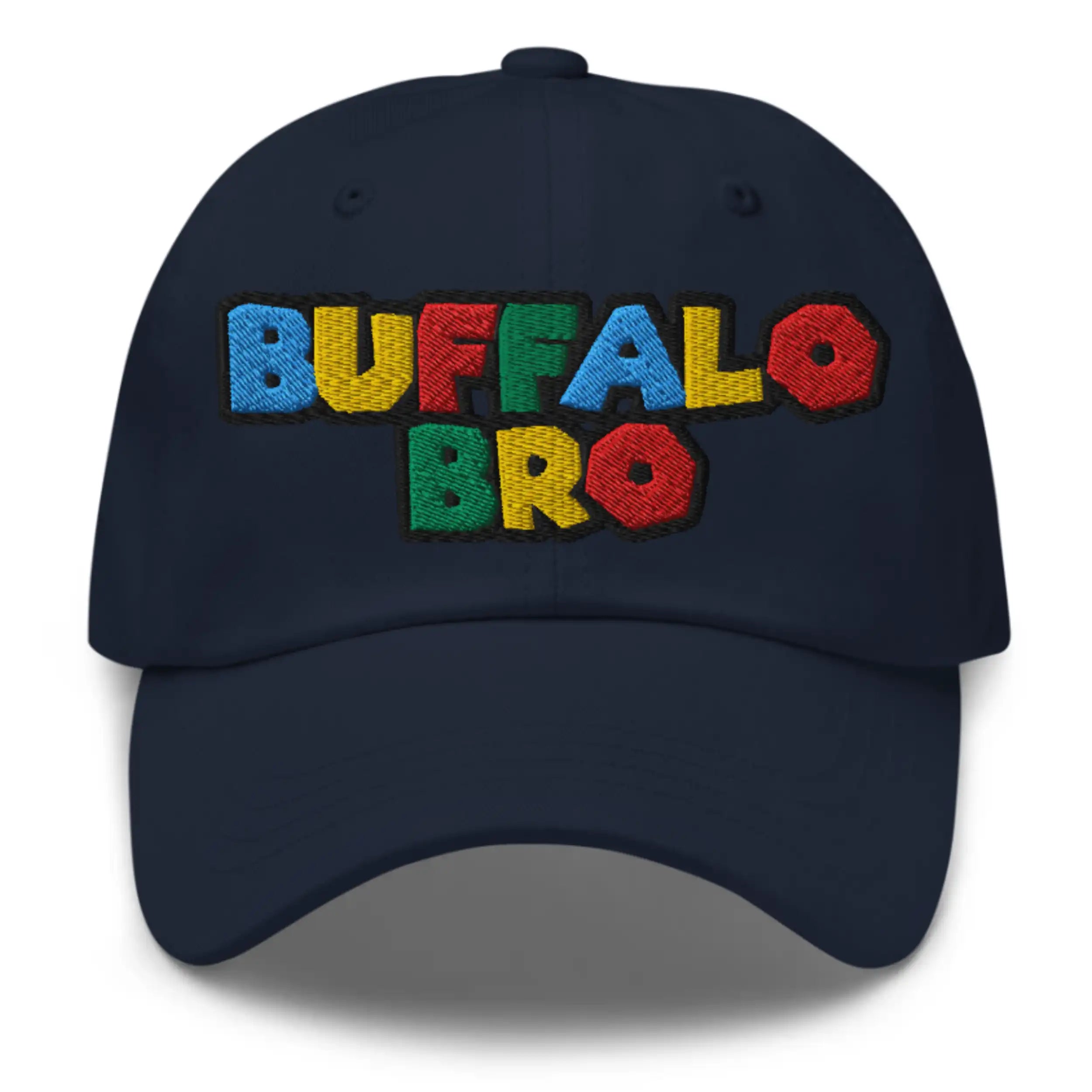 Navy dad hat featuring Super Buffalo Bro retro gaming inspired embroidery with nostalgic 90s color styling, Buffalo city streetwear hat.