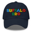 Navy dad hat featuring Super Buffalo Bro retro gaming inspired embroidery with nostalgic 90s color styling, Buffalo city streetwear hat.