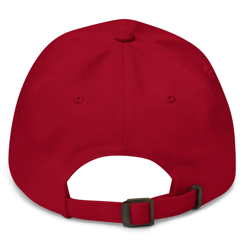 Red dad hat back view showing adjustable strap and Super Buffalo Bro retro gaming inspired cap design.