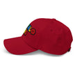 Red dad hat left side view featuring Super Buffalo Bro retro video game inspired embroidery and curved brim design.