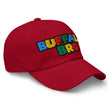 Red classic dad hat right front angle showing Super Buffalo Bro Buffalo streetwear retro gaming cap design.