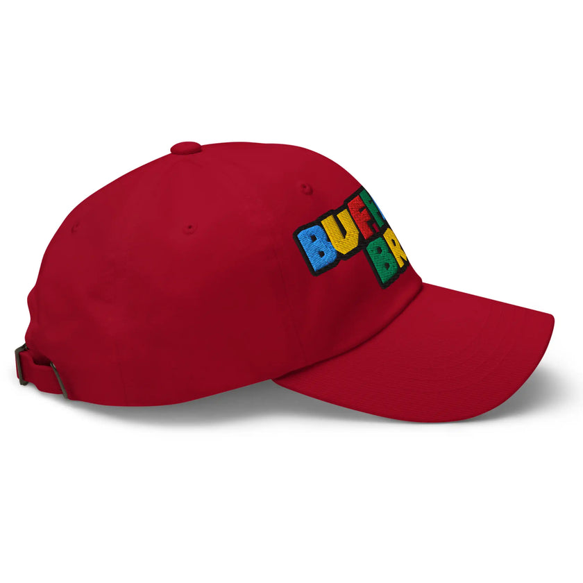 Red classic dad hat right side view showing Super Buffalo Bro 90s style Buffalo streetwear embroidery.