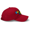 Red classic dad hat right side view showing Super Buffalo Bro 90s style Buffalo streetwear embroidery.