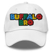 White dad hat with Super Buffalo Bro retro video game inspired embroidery, Buffalo streetwear cap with 90s style graphics.