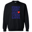 Black “from buffalo with love” sweatshirt, featuring high-contrast blue text and heart graphic for bold city pride.