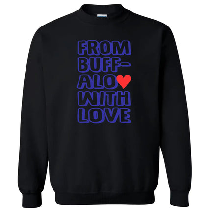 Black “from buffalo with love” sweatshirt, featuring high-contrast blue text and heart graphic for bold city pride.