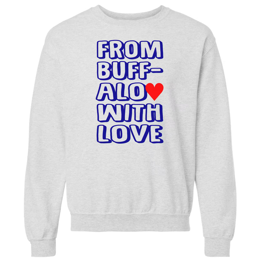 Light gray “from buffalo with love” sweatshirt, featuring bold blue lettering and a red heart for city pride style.