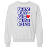 Light gray “from buffalo with love” sweatshirt, featuring bold blue lettering and a red heart for city pride style.