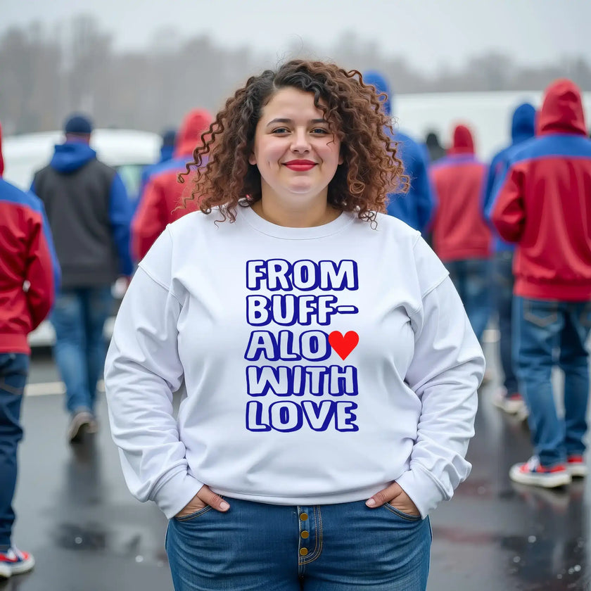 White “from buffalo with love” sweatshirt, highlighting the bright blue text and heart graphic.