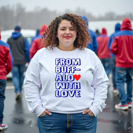 White “from buffalo with love” sweatshirt, highlighting the bright blue text and heart graphic.