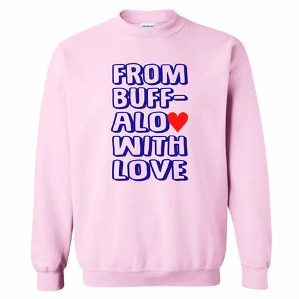 Light pink “from buffalo with love” sweatshirt laid flat, showcasing the oversized lettering and cheerful red heart detail.