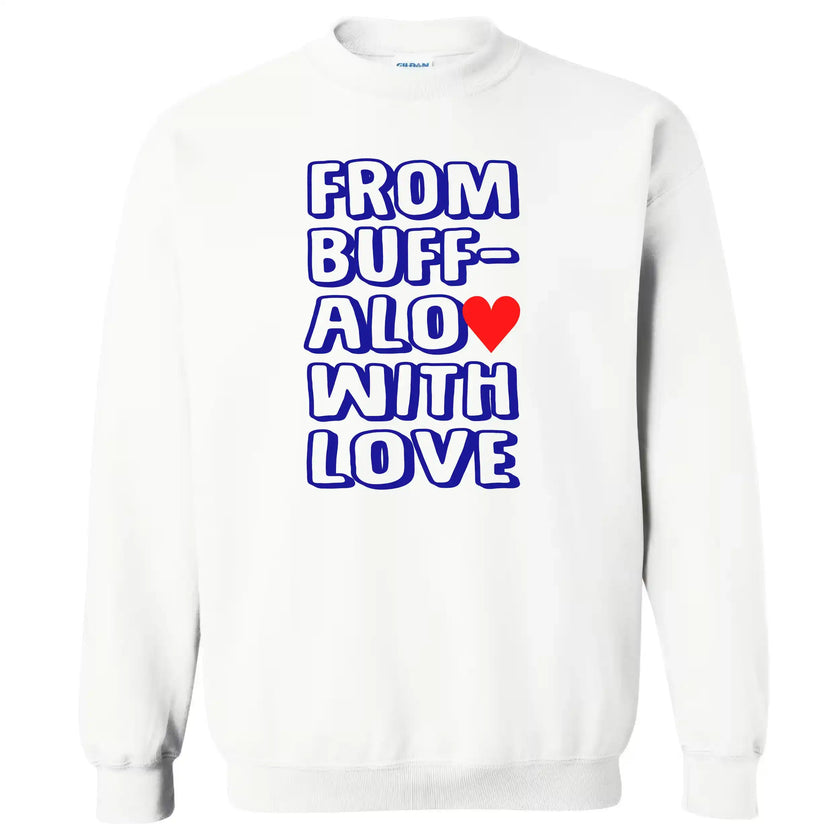 White “from buffalo with love” sweatshirt, highlighting the bright blue text and heart graphic.