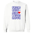 White “from buffalo with love” sweatshirt, highlighting the bright blue text and heart graphic.