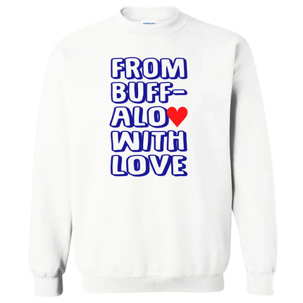White “from buffalo with love” sweatshirt, highlighting the bright blue text and heart graphic.