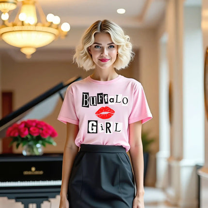 Close-up of woman wearing light pink Buffalo Girl t-shirt with magazine-style lettering, showing bold city pride and confident style.