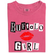 Folded berry pink Buffalo Girl tee with black and white magazine-style lettering, showcasing city pride and edgy style.