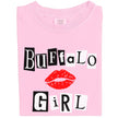 Folded light pink Buffalo Girl t-shirt with bold magazine-style lettering, giving mean-girl energy and Buffalo pride.