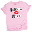 Light pink Buffalo Girl t-shirt featuring bold magazine-style lettering with pop-culture attitude, flat lay on white background.