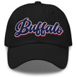 Black classic dad hat with retro Buffalo script embroidery and vintage colorblock design, Buffalo inspired everyday hat.