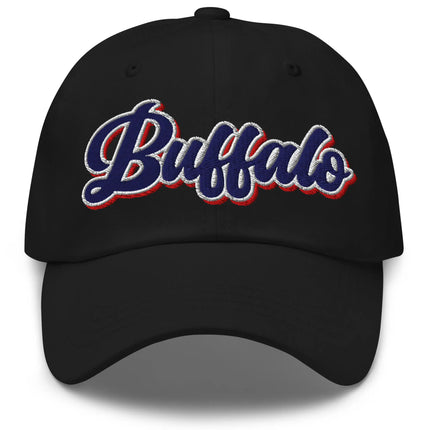Black classic dad hat with retro Buffalo script embroidery and vintage colorblock design, Buffalo inspired everyday hat.