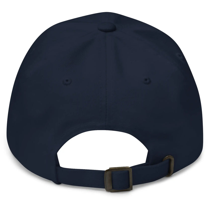 Navy dad hat back view showing adjustable strap and retro Buffalo script embroidered cap design.