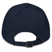 Navy dad hat back view showing adjustable strap and retro Buffalo script embroidered cap design.