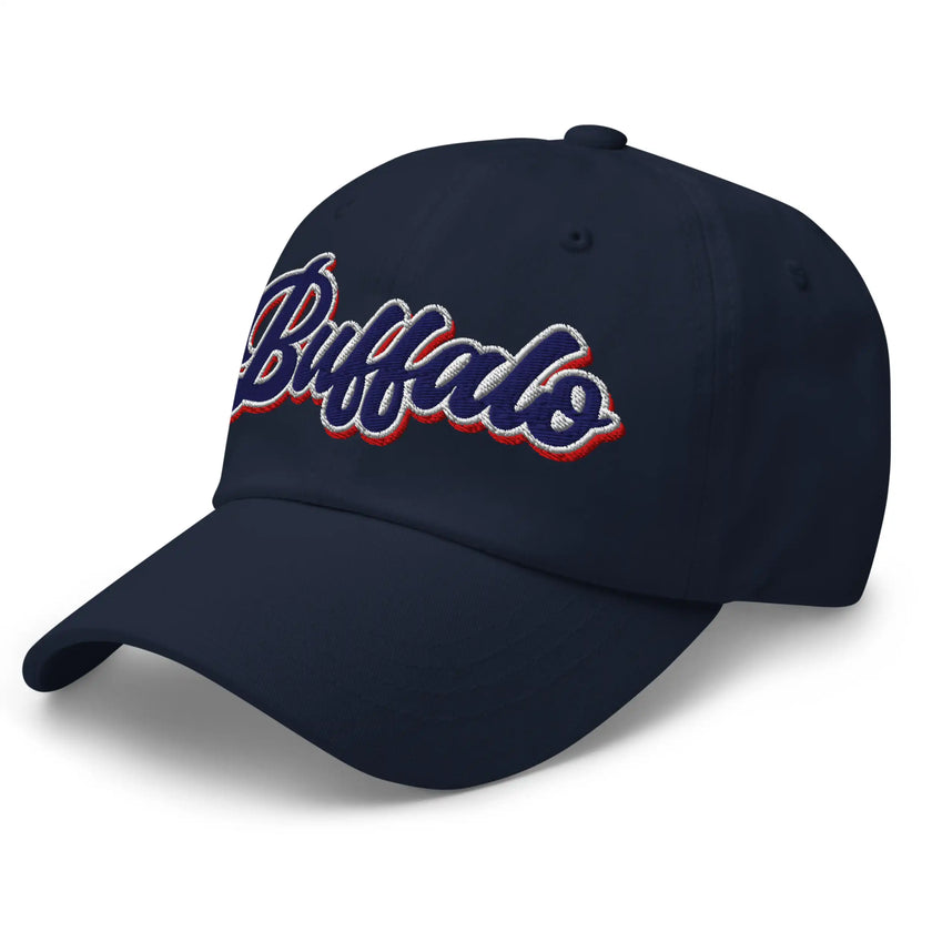 Navy dad hat left front angle featuring retro Buffalo script embroidery with vintage inspired colorblock details.
