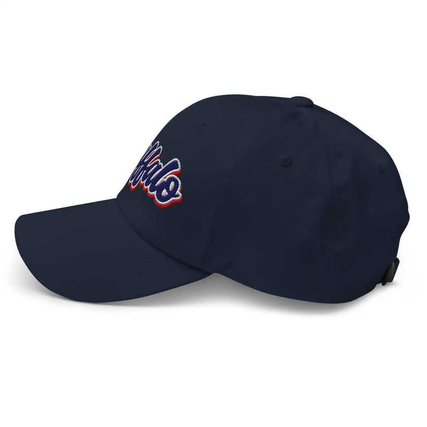 Navy classic dad hat left side view featuring retro Buffalo script lettering with vintage colorblock embroidery.