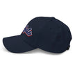 Navy classic dad hat left side view featuring retro Buffalo script lettering with vintage colorblock embroidery.