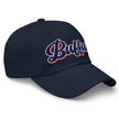 Navy classic dad hat right front angle showing retro Buffalo script embroidered Buffalo city pride design.