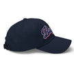 Navy dad hat right side view showing embroidered retro Buffalo script design and curved brim.